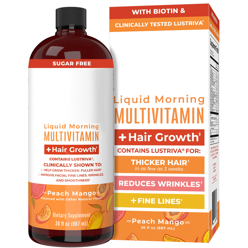 Liquid Multivitamin + Hair Growth | Clinically Tested for Thicker Hair & Facial Wrinkles in Women | Biotin 10000mcg | Lustriva Hair Growth Supplements | Skin Care | Ages 18+ | 30 Fl Oz