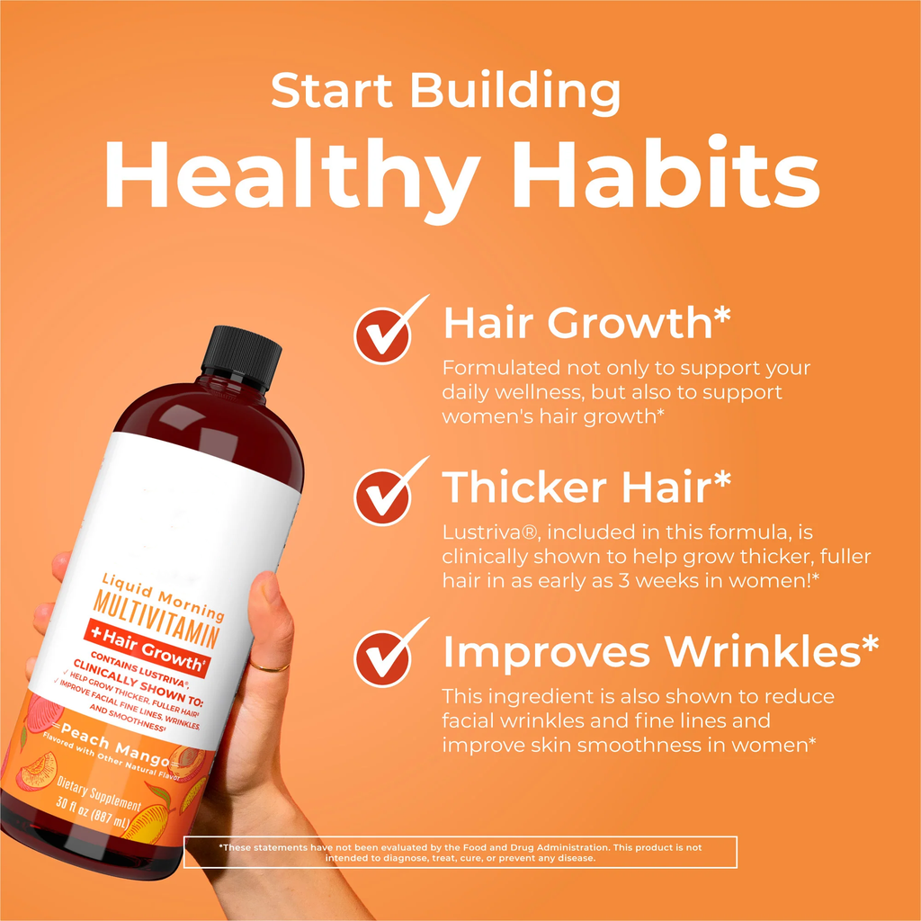 Liquid Multivitamin + Hair Growth | Clinically Tested for Thicker Hair & Facial Wrinkles in Women | Biotin 10000mcg | Lustriva Hair Growth Supplements | Skin Care | Ages 18+ | 30 Fl Oz