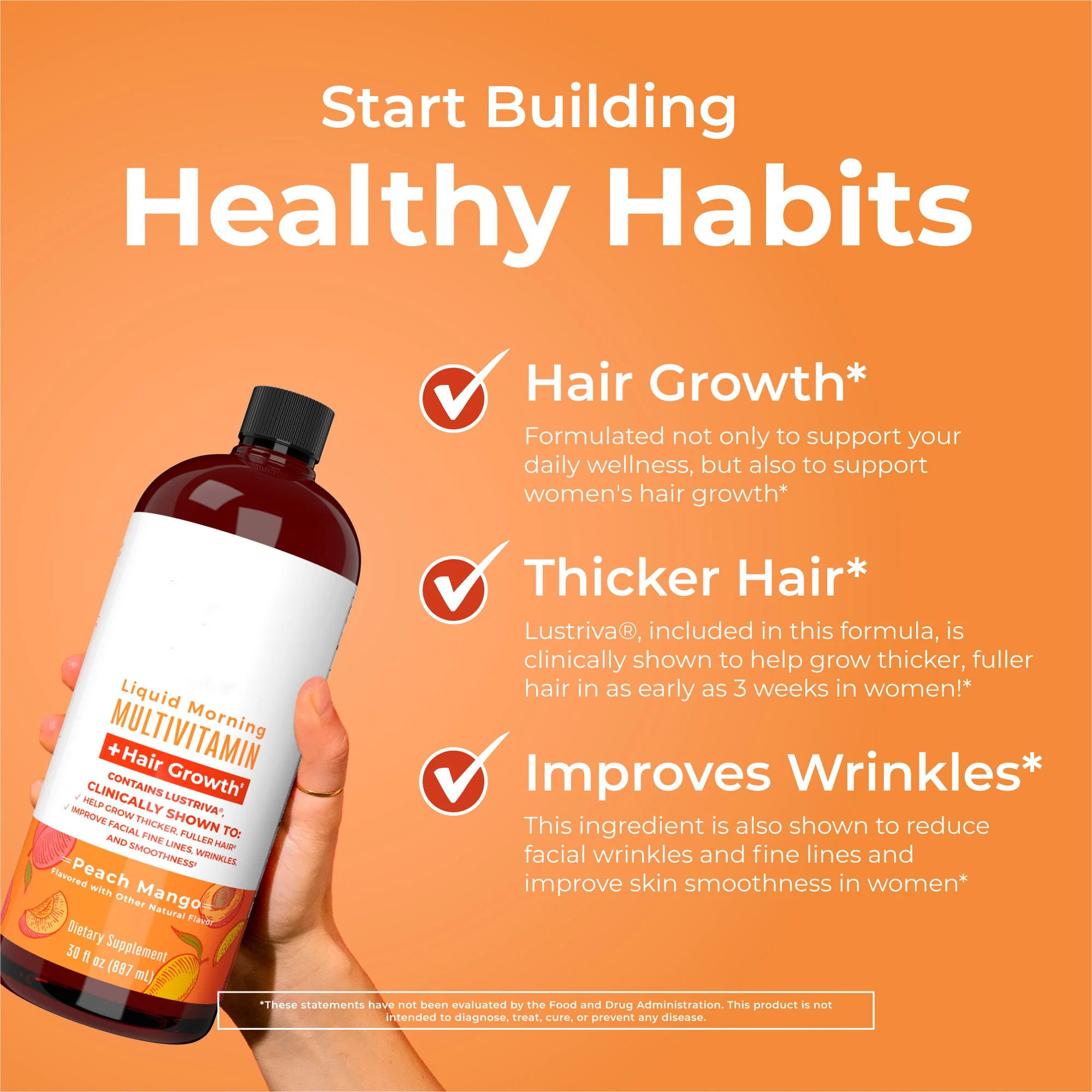Liquid Multivitamin + Hair Growth | Clinically Tested for Thicker Hair & Facial Wrinkles in Women | Biotin 10000mcg | Lustriva Hair Growth Supplements | Skin Care | Ages 18+ | 30 Fl Oz