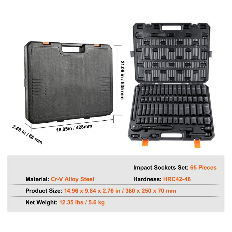 Drive Impact Socket Set – Cr-V Steel, Durable Construction with Easy-Read Sizes & Storage Case