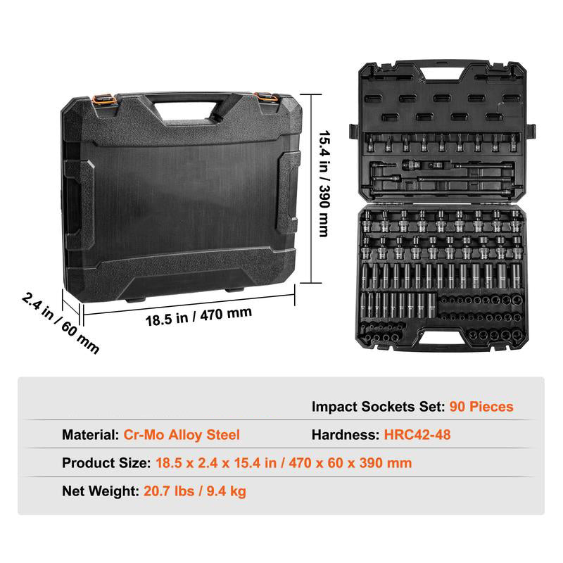 Drive Impact Socket Set – Cr-V Steel, Durable Construction with Easy-Read Sizes & Storage Case
