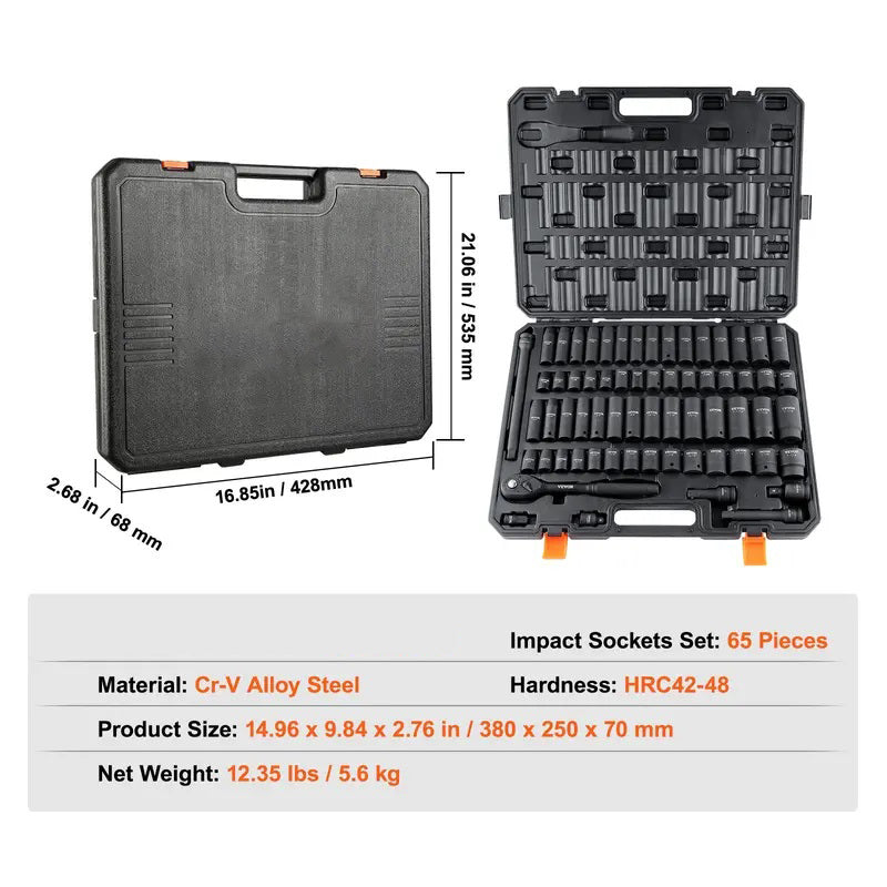 Drive Impact Socket Set – Cr-V Steel, Durable Construction with Easy-Read Sizes & Storage Case