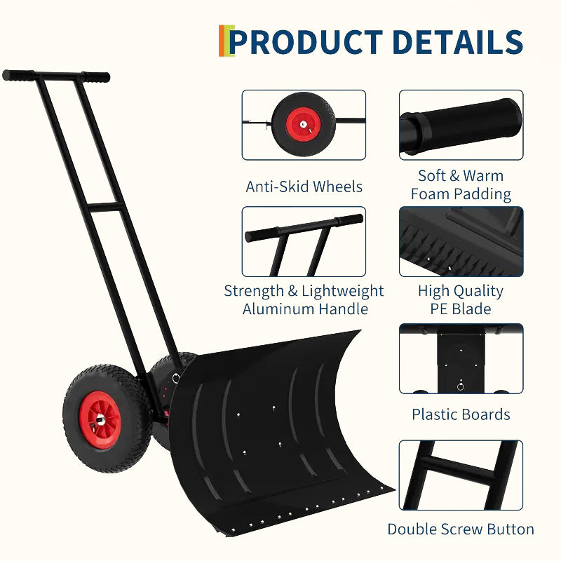 30" Ergonomic Snow Pusher Shovel with Wheels – Adjustable Angle & Height for Driveway Snow Removal