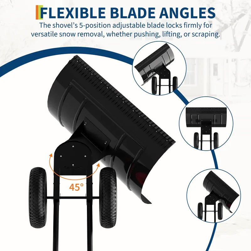 30" Ergonomic Snow Pusher Shovel with Wheels – Adjustable Angle & Height for Driveway Snow Removal