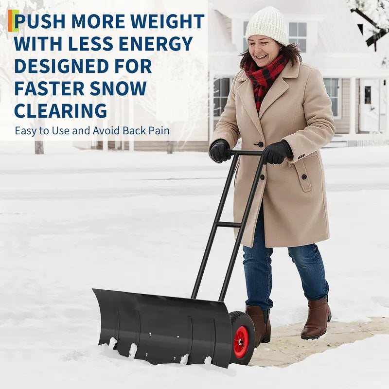 30" Ergonomic Snow Pusher Shovel with Wheels – Adjustable Angle & Height for Driveway Snow Removal